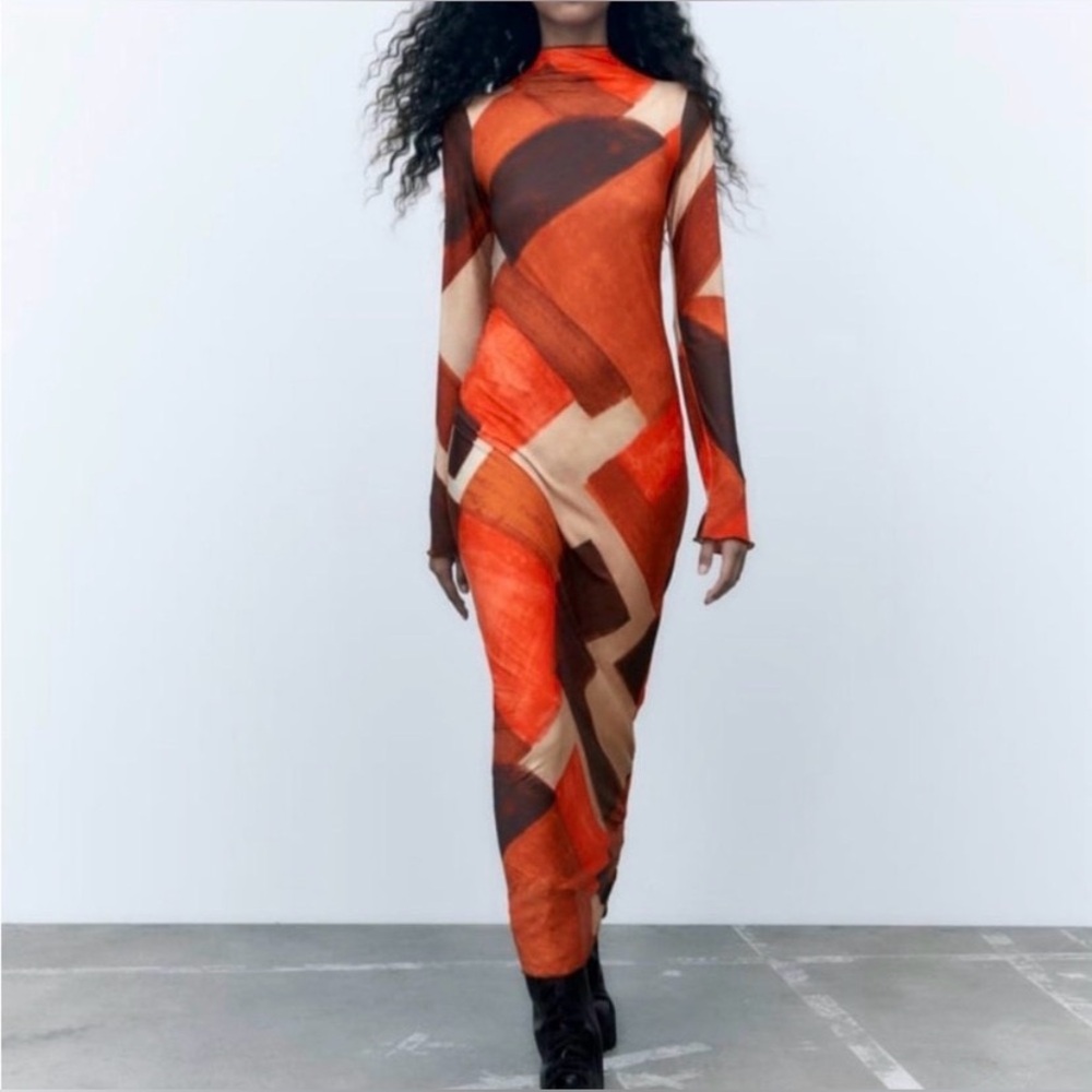 NWT Zara Orange and Brown Geometric Long Sleeve Dress XS